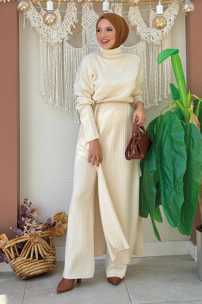 Tesettür giyim BEJ PANTOLONLU TRİKO TAKIM T 1006-2