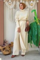 Tesettür giyim BEJ PANTOLONLU TRİKO TAKIM T 1006-2