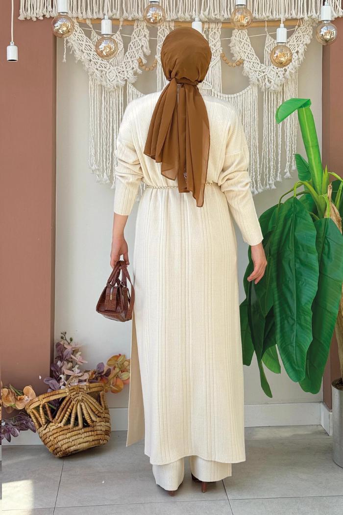 Tesettür giyim BEJ PANTOLONLU TRİKO TAKIM T 1006-2