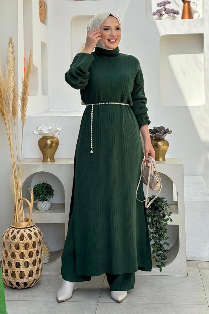 Tesettür giyim YEŞİL PANTOLONLU TRİKO TAKIM T 1006-2