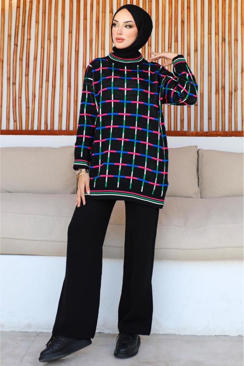 Hijab clothing BLACK PATTERNED KNITWEAR PANTS SUIT T 20032