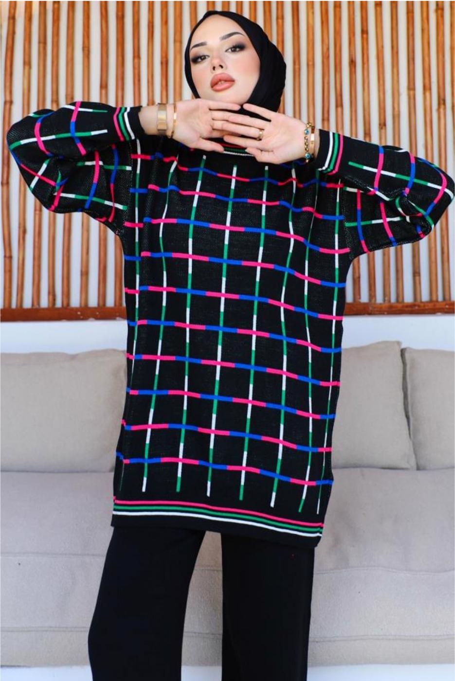 Hijab clothing BLACK PATTERNED KNITWEAR PANTS SUIT T 20032