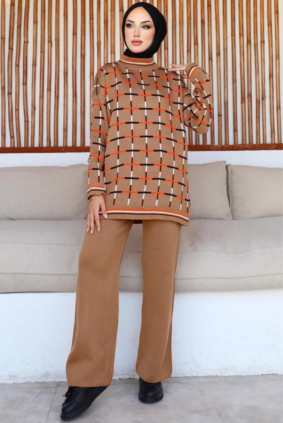 Hijab clothing BROWN PATTERNED KNITWEAR PANTS SUIT T 20032