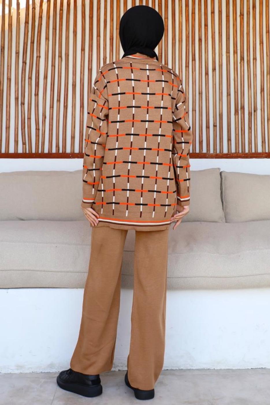 Hijab clothing BROWN PATTERNED KNITWEAR PANTS SUIT T 20032