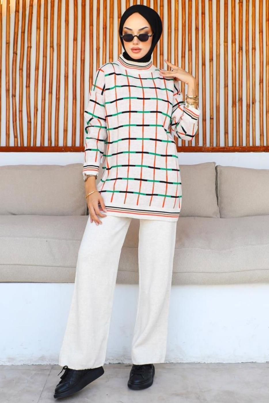 Vêtements hijab BEIGE COSTUME PANTALON EN TRICOT À MOTIFS T 20032