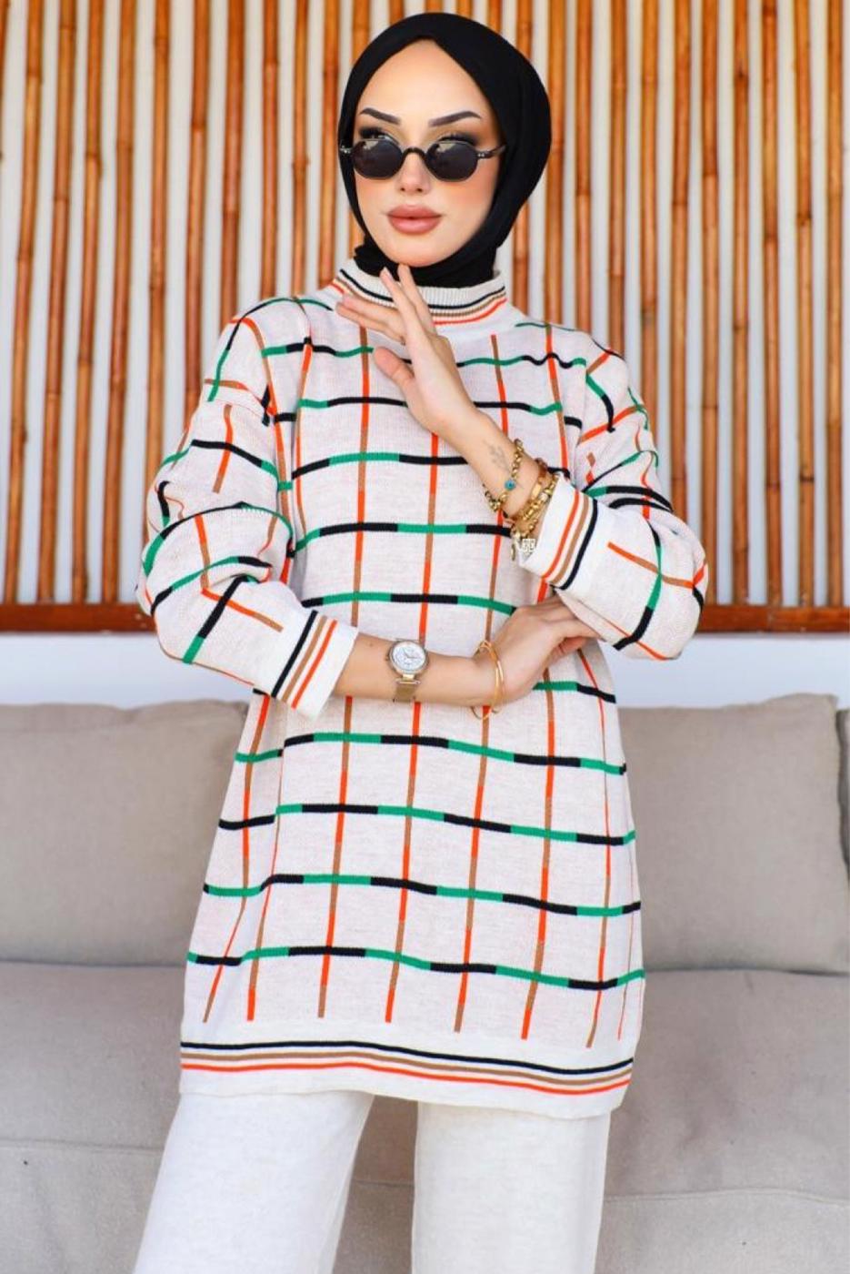 Vêtements hijab BEIGE COSTUME PANTALON EN TRICOT À MOTIFS T 20032