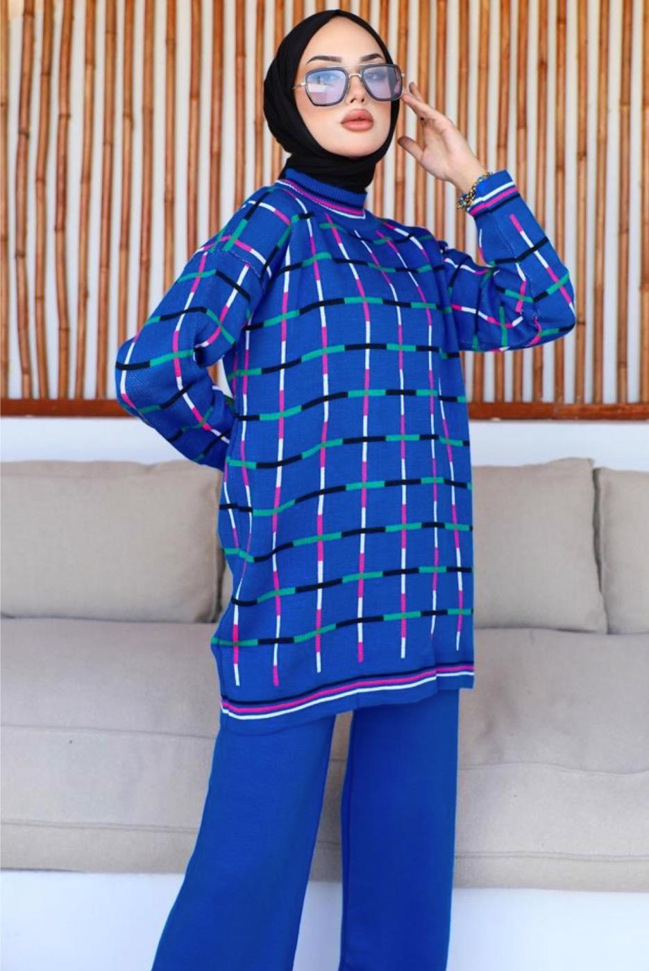 Hijab clothing NAVY BLUE PATTERNED KNITWEAR PANTS SUIT T 20032