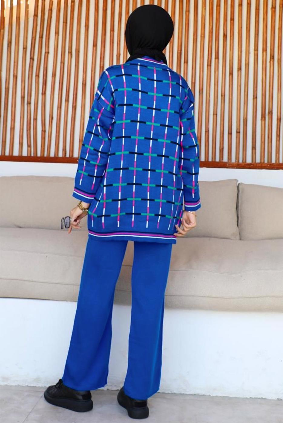 Hijab clothing NAVY BLUE PATTERNED KNITWEAR PANTS SUIT T 20032