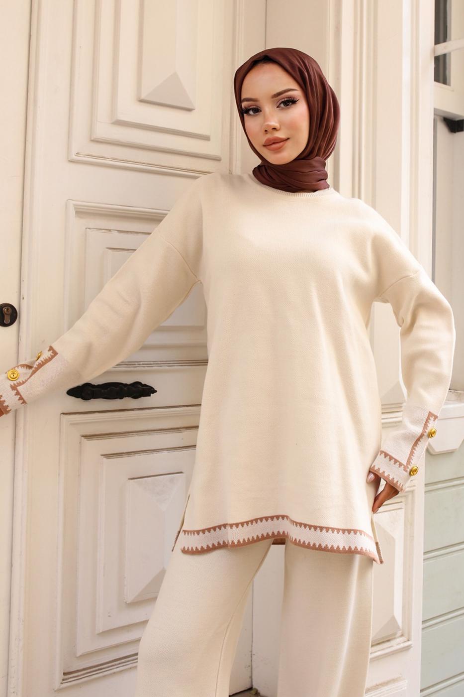 Tesettür giyim BEJ PANTOLONLU TRİKO TAKIM T 21042