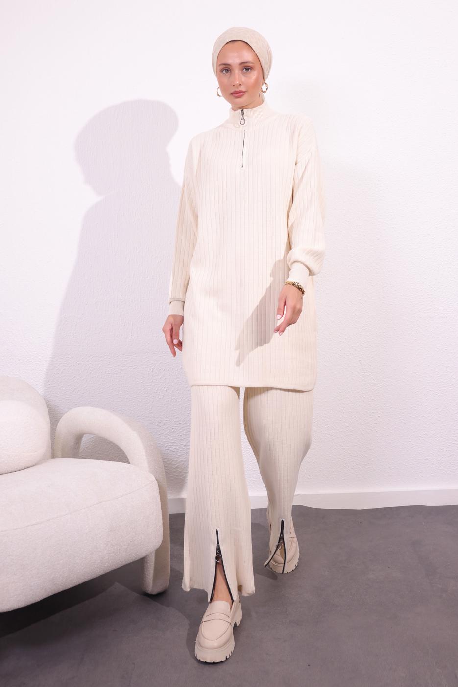 Tesettür giyim EKRU PANTOLONLU TRİKO TAKIM T 2309