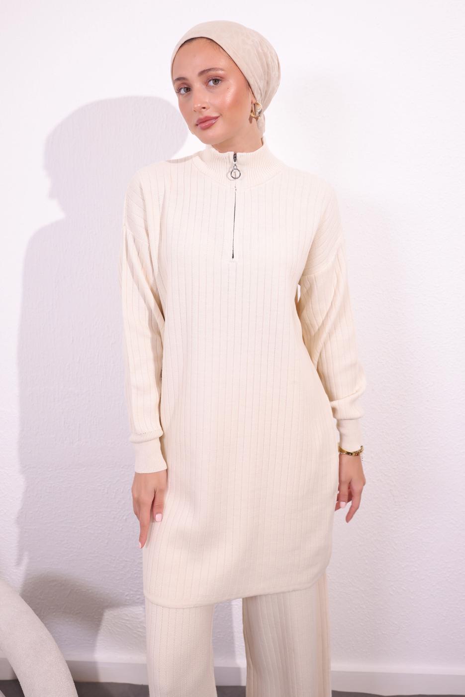 Tesettür giyim EKRU PANTOLONLU TRİKO TAKIM T 2309