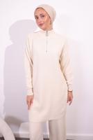 Tesettür giyim EKRU PANTOLONLU TRİKO TAKIM T 2309