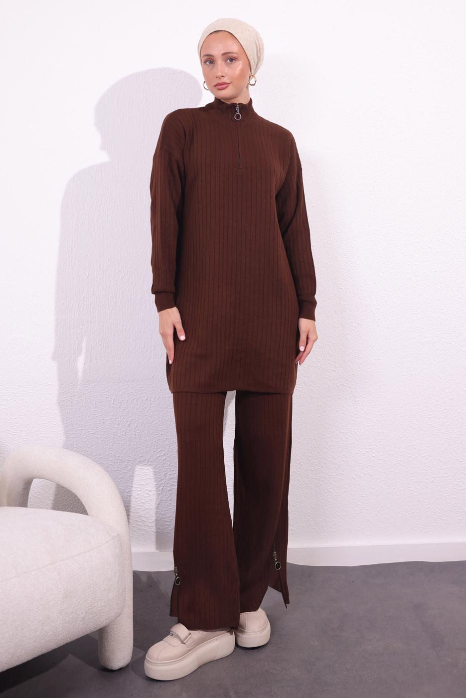 Tesettür giyim KAHVE PANTOLONLU TRİKO TAKIM T 2309