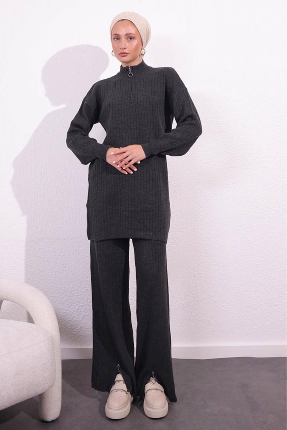Tesettür giyim GRİ PANTOLONLU TRİKO TAKIM T 2309