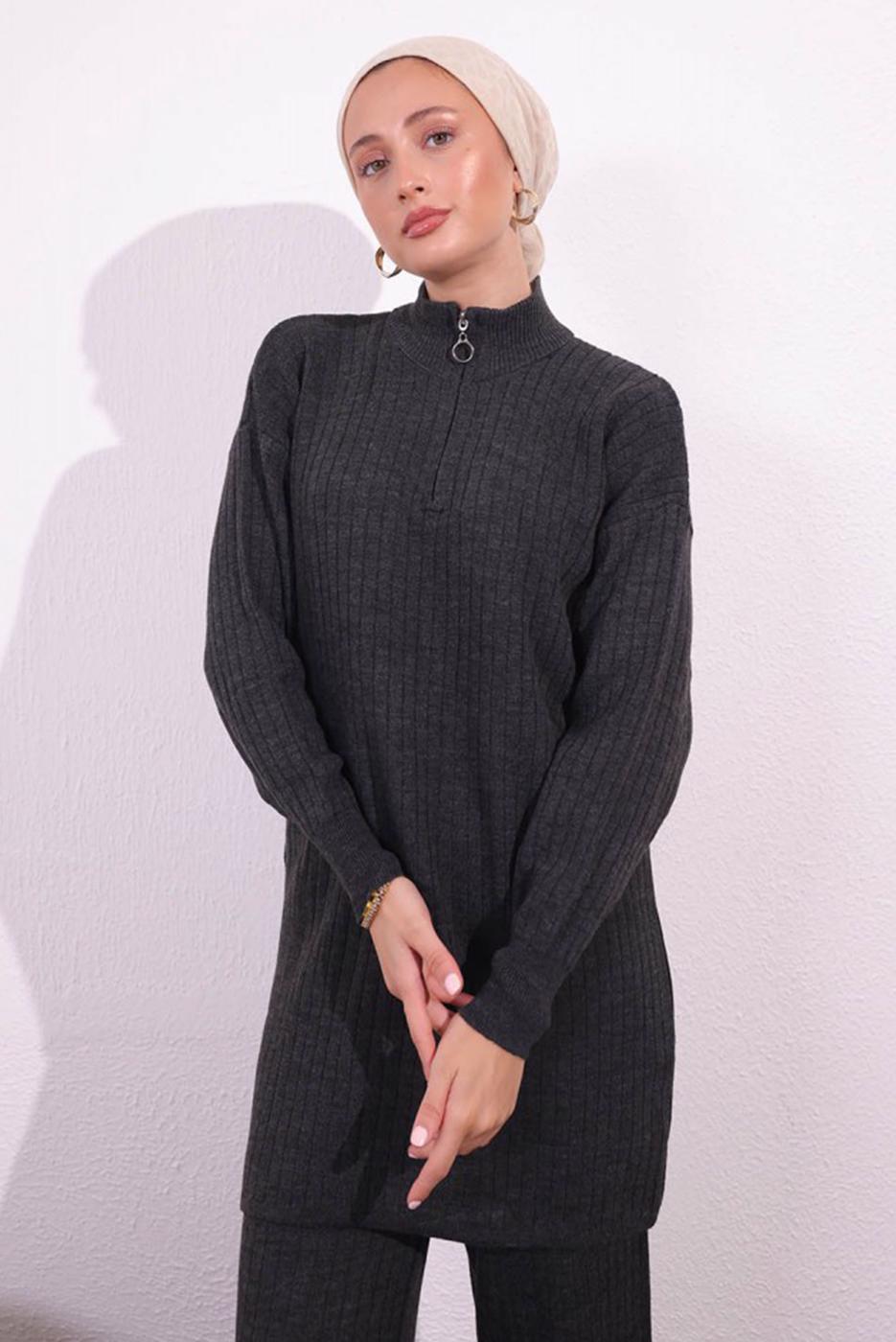 Tesettür giyim GRİ PANTOLONLU TRİKO TAKIM T 2309
