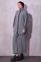 Tesettür giyim GRİ ŞERİT DETAYLI PANTOLONLU TAKIM T 2654