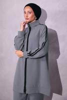 Tesettür giyim GRİ ŞERİT DETAYLI PANTOLONLU TAKIM T 2654