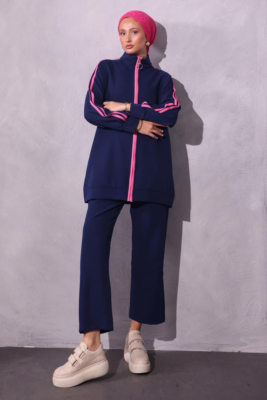 Tesettür giyim LACİVERT ŞERİT DETAYLI PANTOLONLU TAKIM T 2654