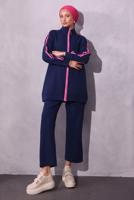 Tesettür giyim LACİVERT ŞERİT DETAYLI PANTOLONLU TAKIM T 2654