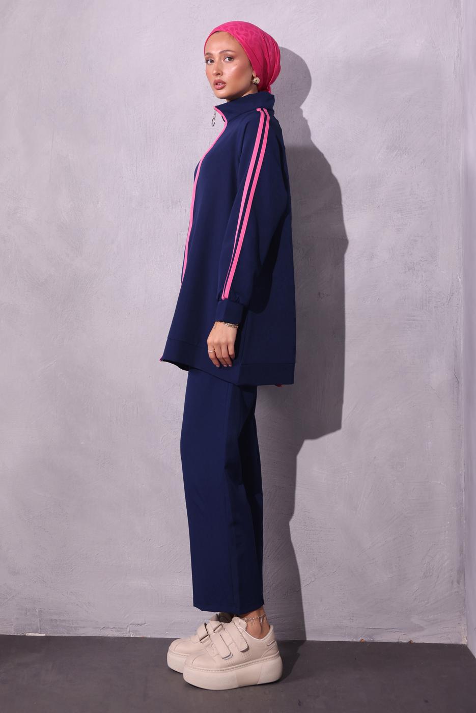 Tesettür giyim LACİVERT ŞERİT DETAYLI PANTOLONLU TAKIM T 2654