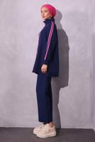 Tesettür giyim LACİVERT ŞERİT DETAYLI PANTOLONLU TAKIM T 2654