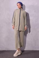 Tesettür giyim BEJ ŞERİT DETAYLI PANTOLONLU TAKIM T 2654