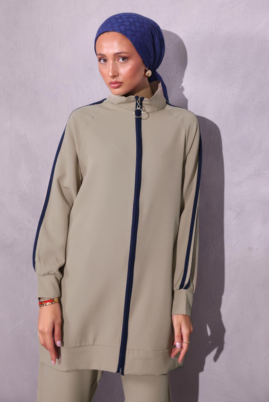 Tesettür giyim BEJ ŞERİT DETAYLI PANTOLONLU TAKIM T 2654