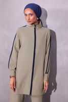 Tesettür giyim BEJ ŞERİT DETAYLI PANTOLONLU TAKIM T 2654