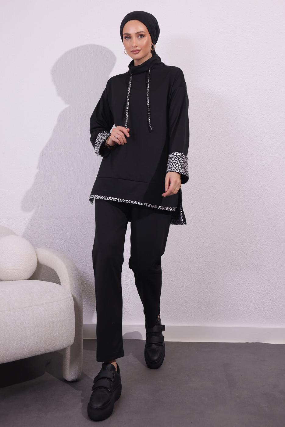 Tesettür giyim SİYAH İKİ İPLİK PANTOLONLU TAKIM T 3054