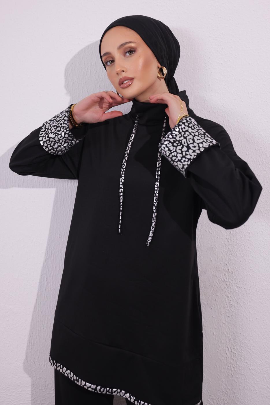 Tesettür giyim SİYAH İKİ İPLİK PANTOLONLU TAKIM T 3054