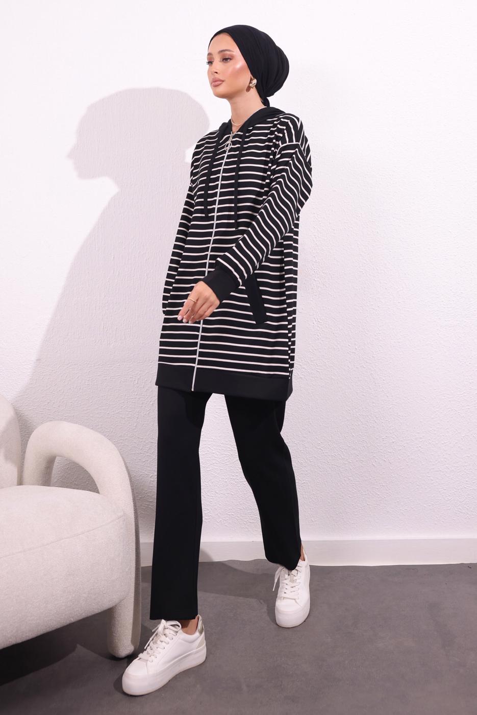 Tesettür giyim SİYAH ÖRME PANTOLONLU TAKIM T 3154