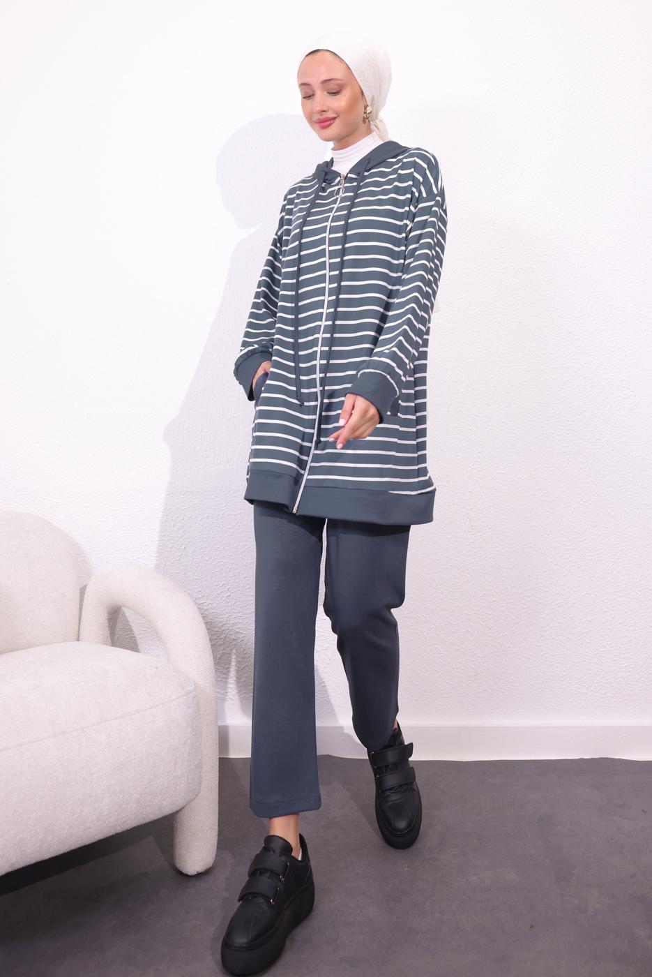 Tesettür giyim GRİ ÖRME PANTOLONLU TAKIM T 3154