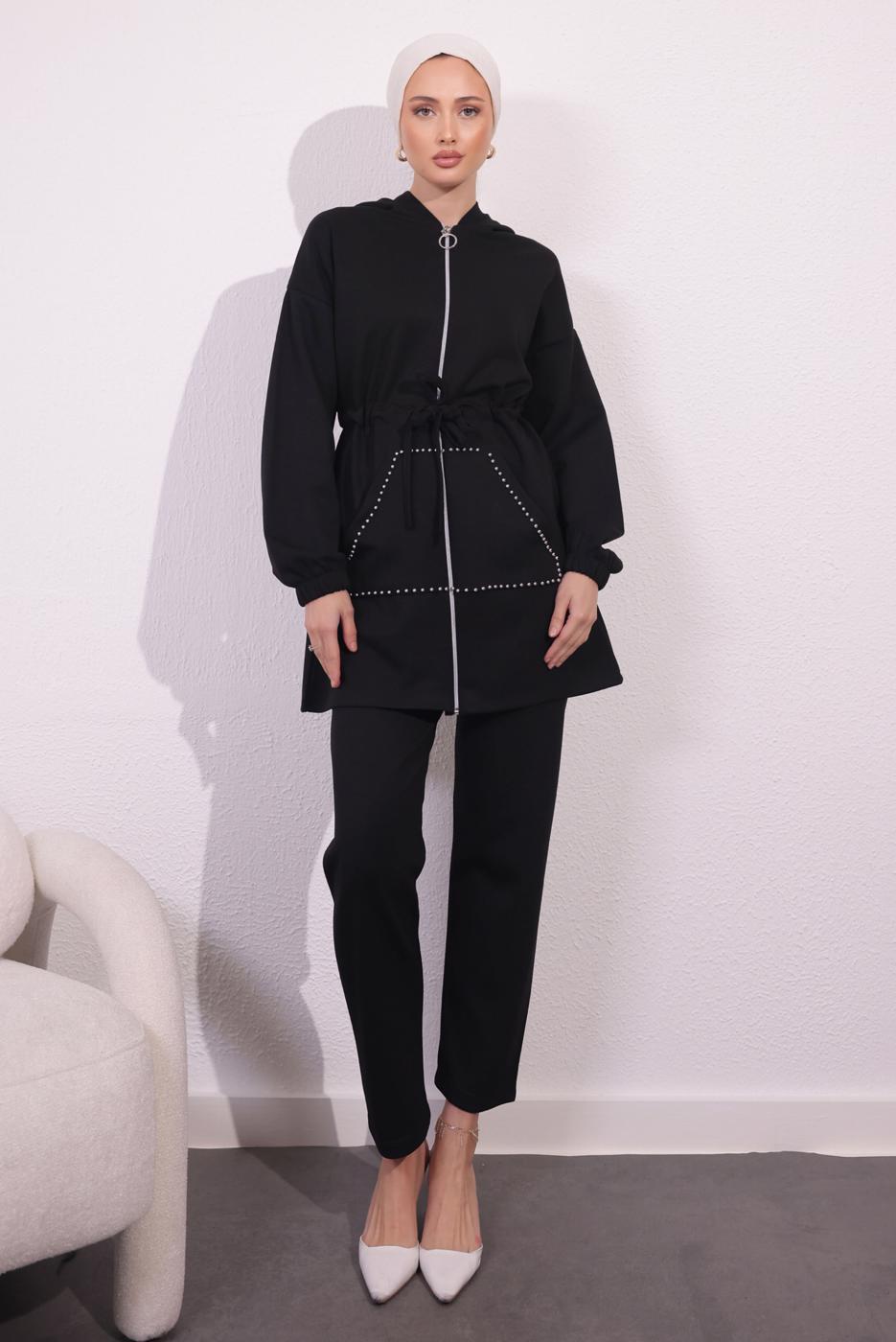 Tesettür giyim SİYAH ÖRME PANTOLONLU TAKIM T 4044