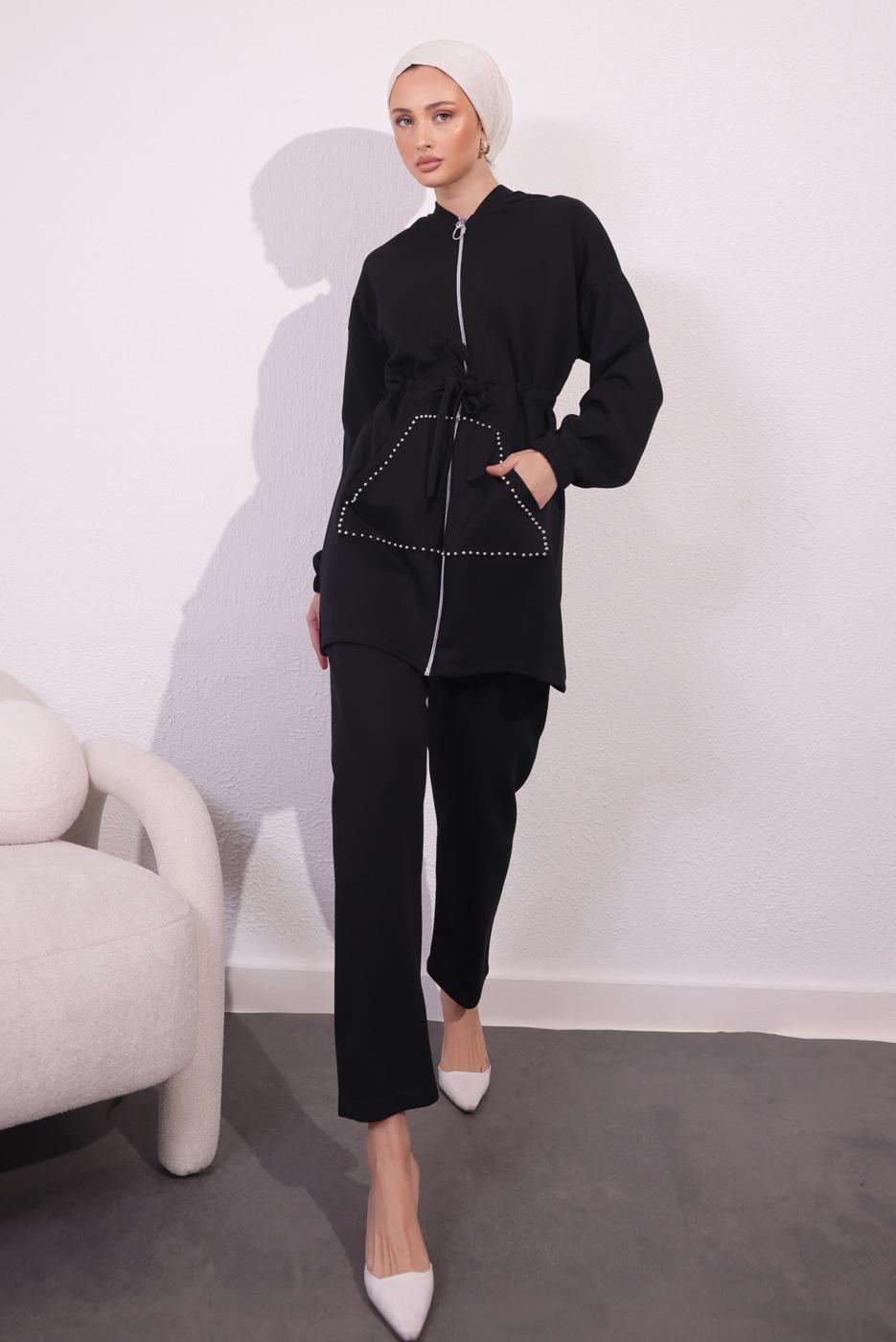 Tesettür giyim SİYAH ÖRME PANTOLONLU TAKIM T 4044