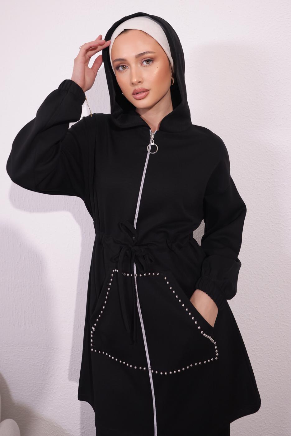 Tesettür giyim SİYAH ÖRME PANTOLONLU TAKIM T 4044