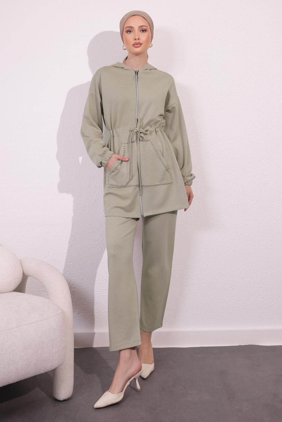 Tesettür giyim BEJ ÖRME PANTOLONLU TAKIM T 4044