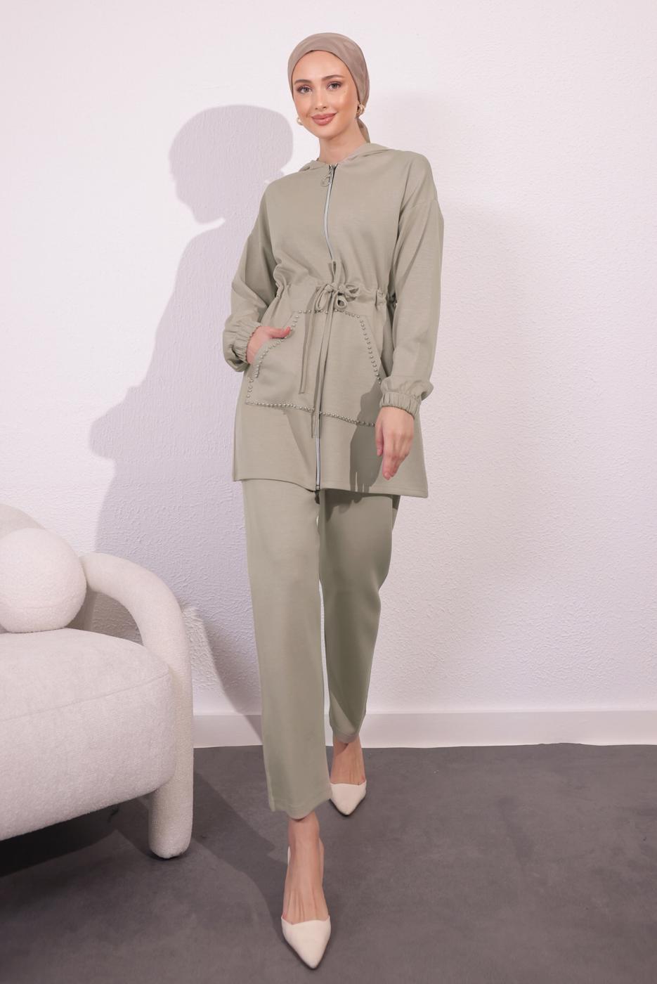 Tesettür giyim BEJ ÖRME PANTOLONLU TAKIM T 4044