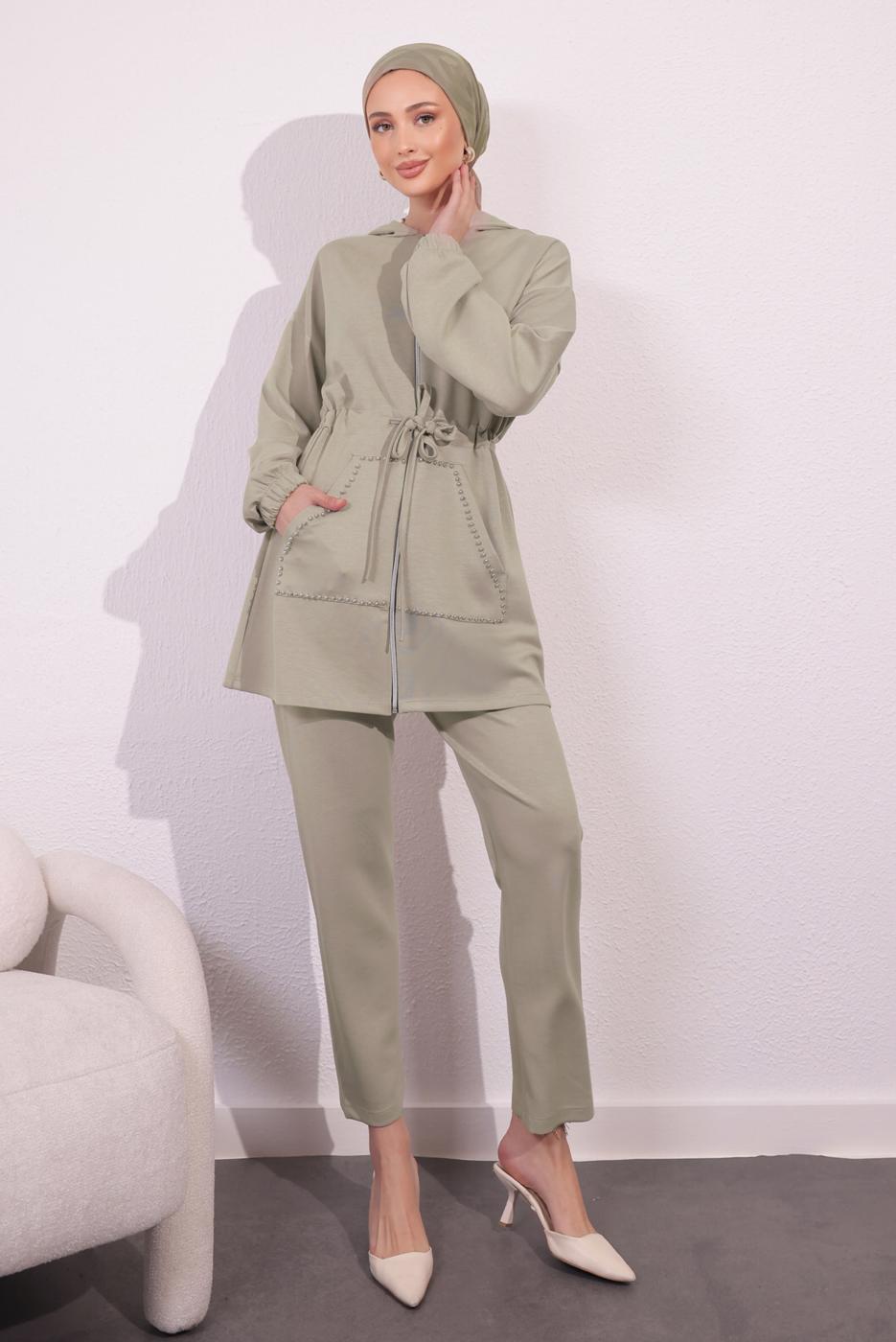 Tesettür giyim BEJ ÖRME PANTOLONLU TAKIM T 4044