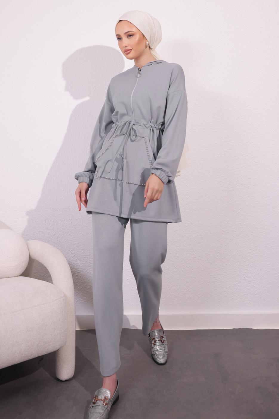 Tesettür giyim GRİ ÖRME PANTOLONLU TAKIM T 4044