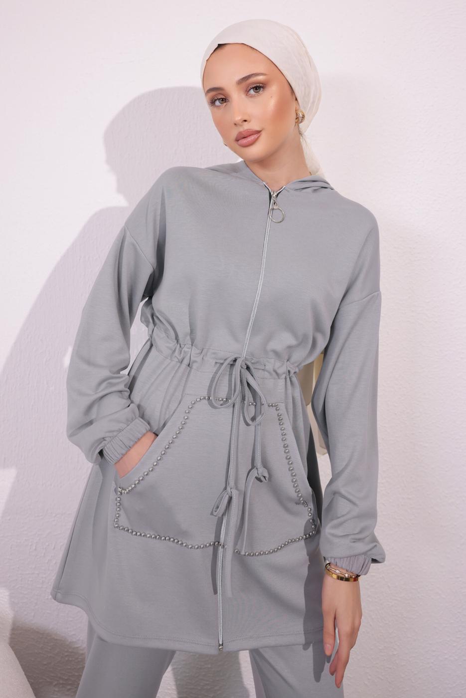 Tesettür giyim GRİ ÖRME PANTOLONLU TAKIM T 4044