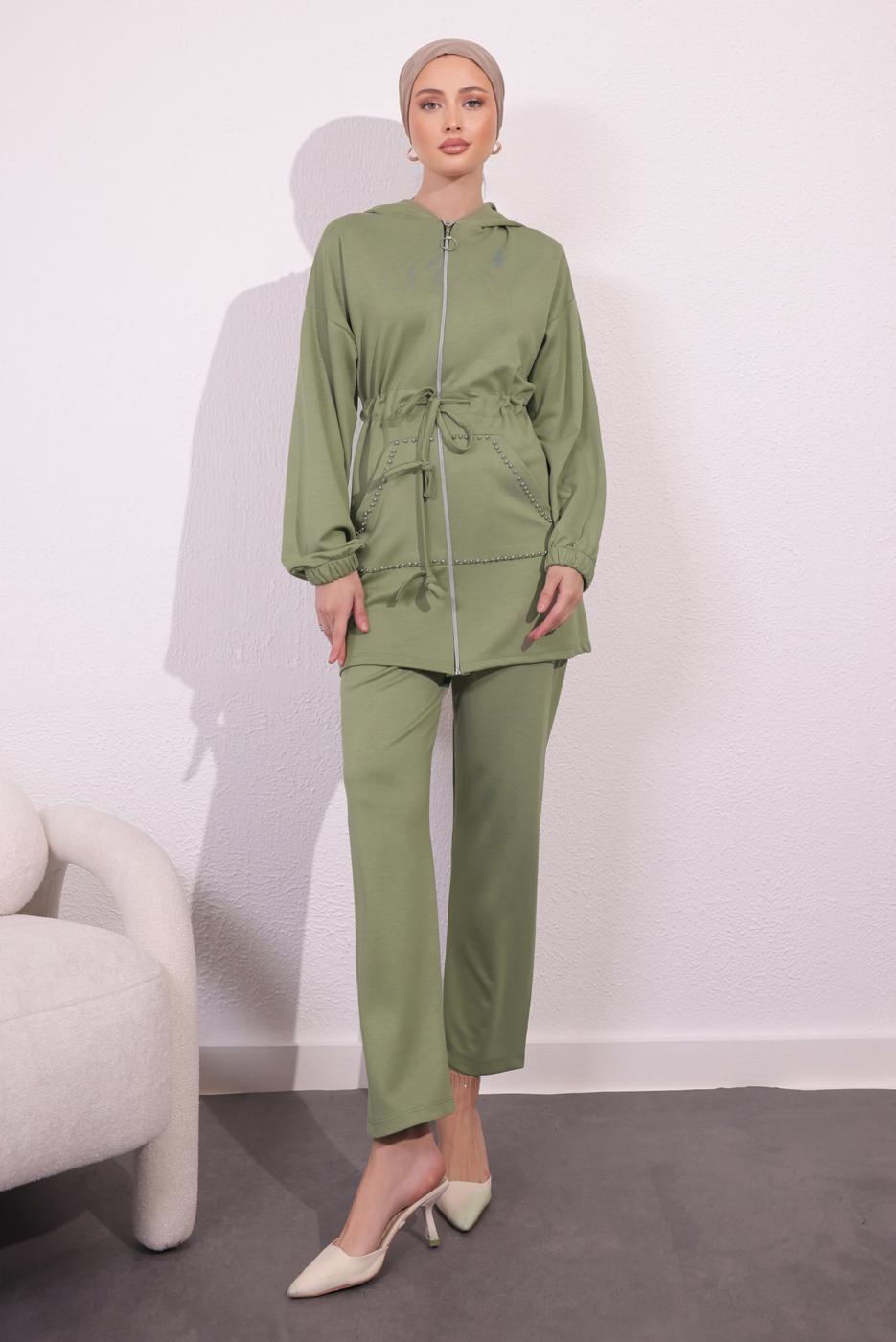 Tesettür giyim HAKİ ÖRME PANTOLONLU TAKIM T 4044