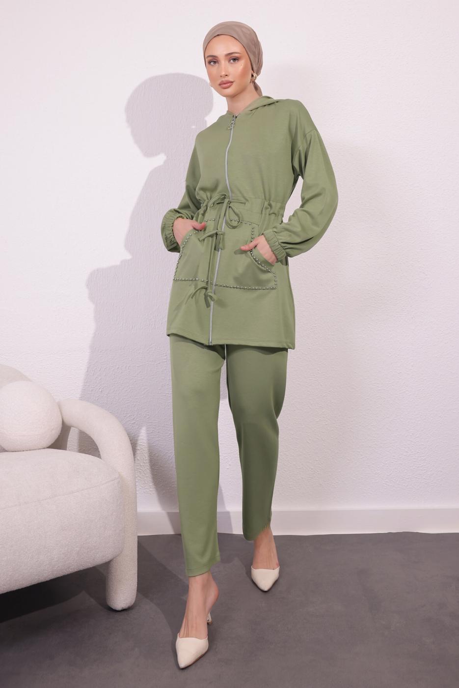 Tesettür giyim HAKİ ÖRME PANTOLONLU TAKIM T 4044