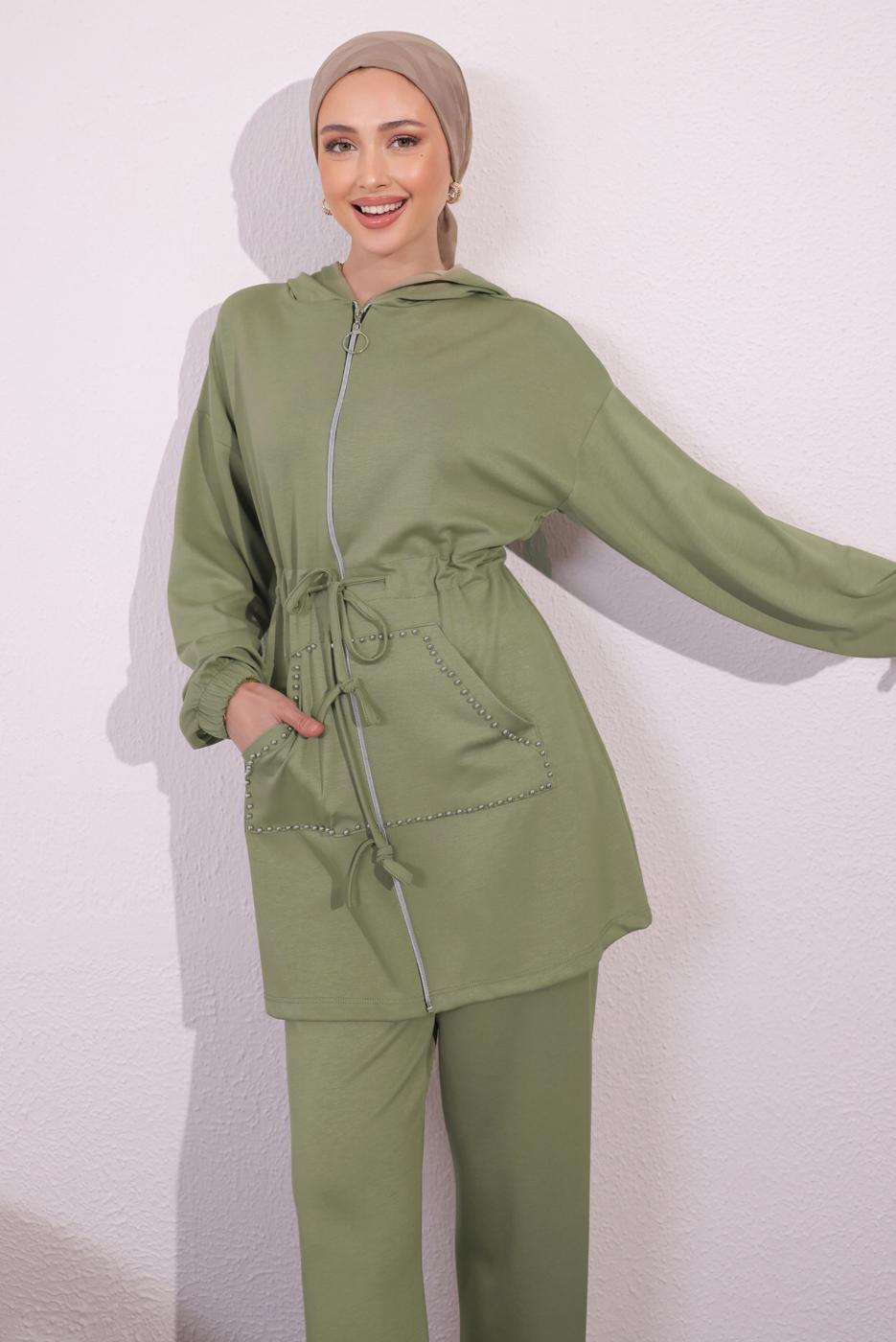 Tesettür giyim HAKİ ÖRME PANTOLONLU TAKIM T 4044