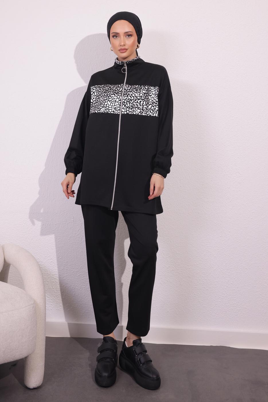 Tesettür giyim SİYAH İKİ İPLİK PANTOLONLU TAKIM T 4054