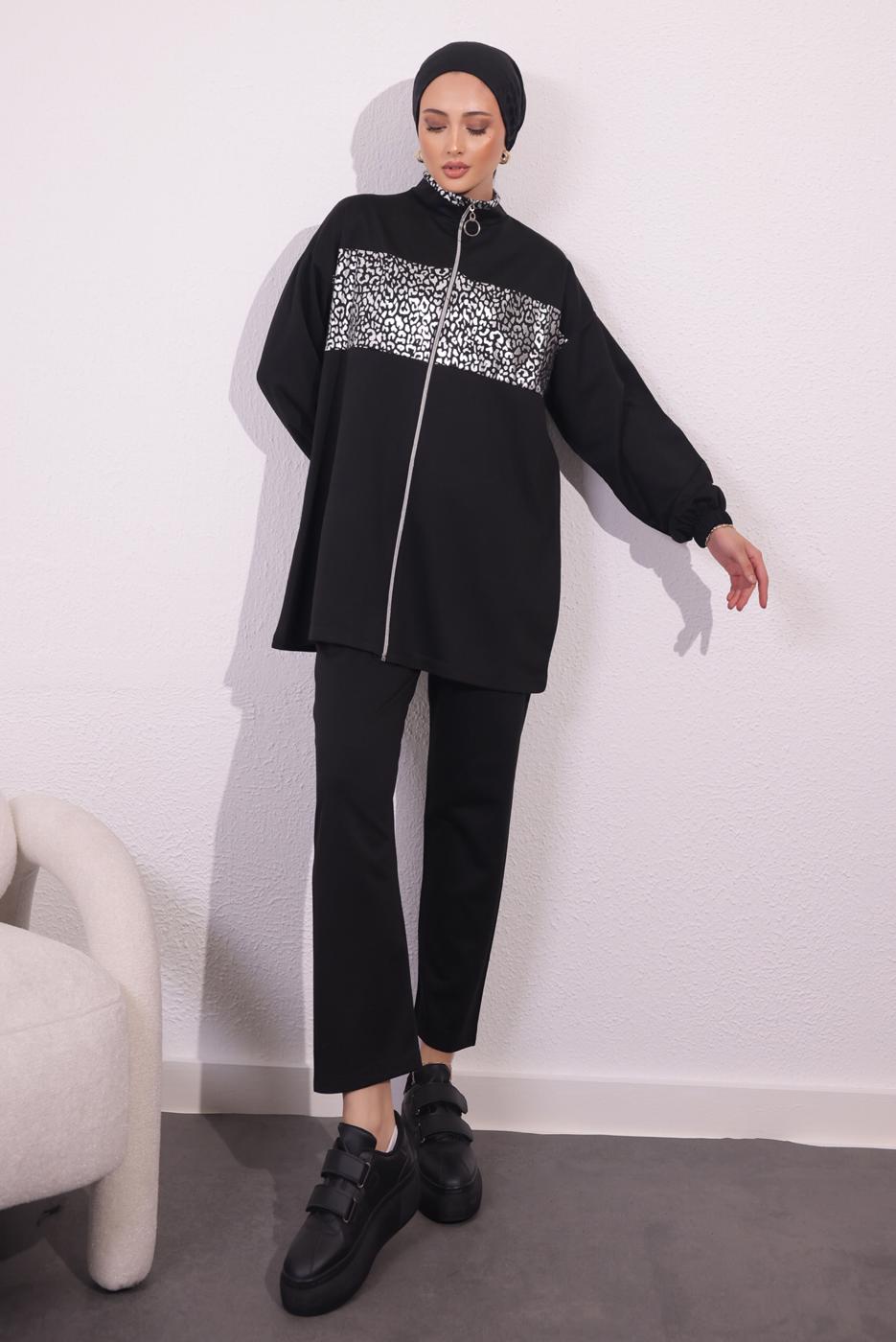 Tesettür giyim SİYAH İKİ İPLİK PANTOLONLU TAKIM T 4054