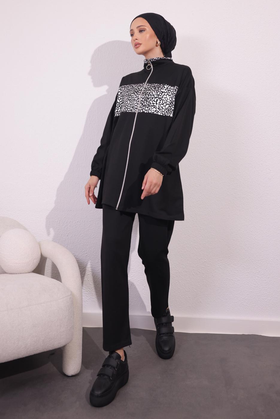 Tesettür giyim SİYAH İKİ İPLİK PANTOLONLU TAKIM T 4054