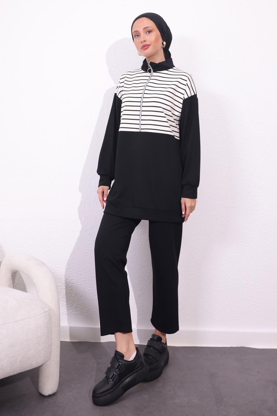 Tesettür giyim SİYAH ÖRME PANTOLONLU TAKIM T 4154