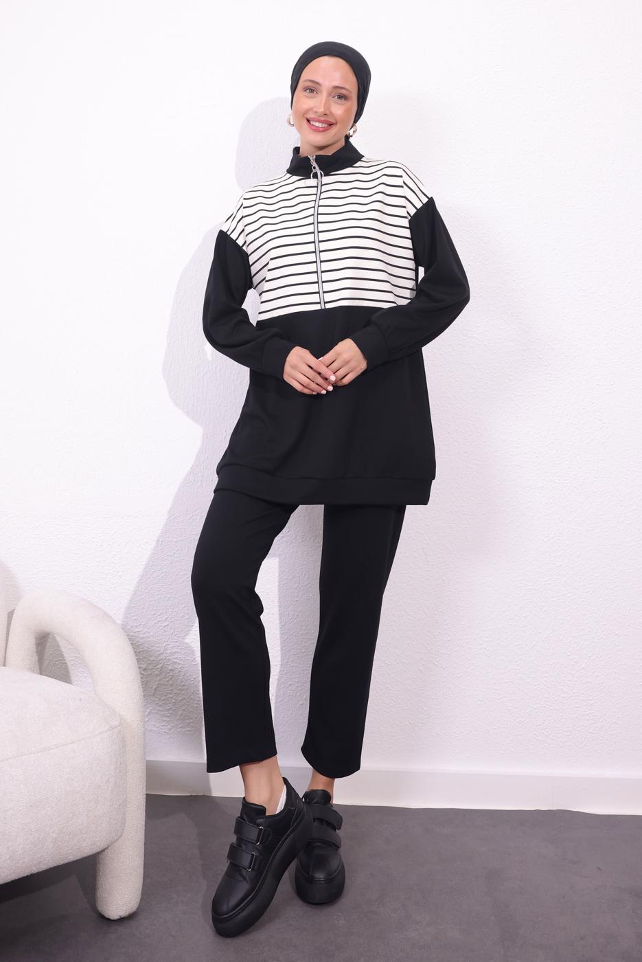 Tesettür giyim SİYAH ÖRME PANTOLONLU TAKIM T 4154