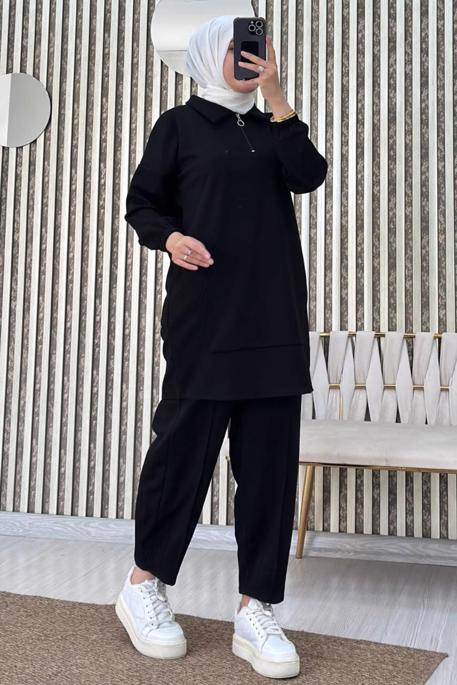 Tesettür giyim SİYAH FERMUARLI YAKA PANTOLONLU TAKIM T 4965