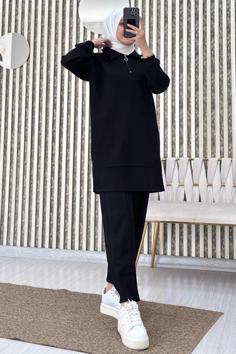 Tesettür giyim SİYAH FERMUARLI YAKA PANTOLONLU TAKIM T 4965